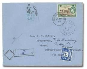 ......... $50 7806 M.V. Tjispana Mail, is land ers cover to Eng land franked by ½d, 1d and 1½d definitives tied by Tristan da Cunha / 18 Ap, 55" datestamps, Very Fine........ $50 7808 S.