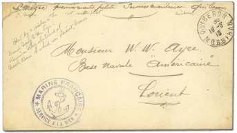 World War I Postal History 7225 France, 1918 cover from Quiberon, Al ge ria, with Ma rine Française blue handstamp, to