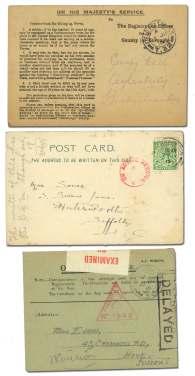 cov ers, one opened, sealed with tape and De - layed ; pa tri otic post card used in ci vil ian sys tem by sol dier with