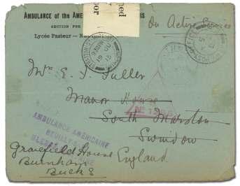 World War I Postal History 7325 United States, AEF Amer i can Red Cross, 4 cov - ers: 3 dif fer ent ARC env. + pen alty env. from Army San i ta - tion School APO 714 to Paris, VF.