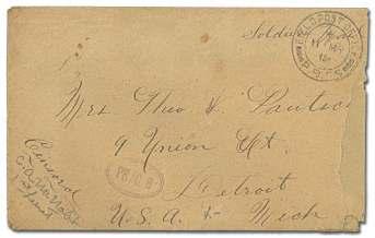 ....................... $300 7421 United States, AEF WWI in North ern Rus sia, 1918 cover from with In tel li gence handstamp (Van Dam p.