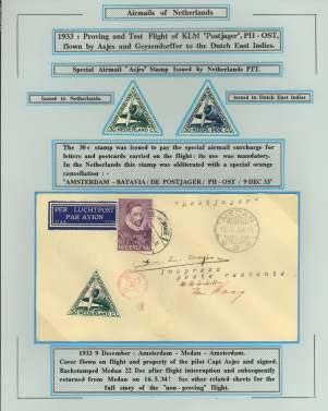 World Airmail Postal History 7498 Neth er lands, 1932 Pro mo tional la bels for KLM, Blocks of 4 of the 5 dif fer ent pro mo tional la