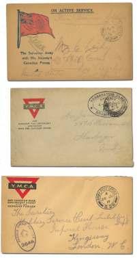 ........ $200 7197 Can ada, WWI in Eu rope, 6 items: Ger man Feldpost card used by a Ca na dian in 1919; 5 cov ers, 4 YMCA and one Sal va tion Army used from var i ous