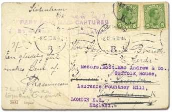 ............... $50 7201 Den mark, 1916 card to Eng land, cap tured and de layed, 1916 Christ mas post card to pas sen ger on SS