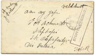 The Boer War 7566 Re cov ered From En emy / at Vrede, O.R.C., ma - genta straightline handstamp on 10pf Ger many postal card sent 2 May, 1900 to Ladybrand, O.F.S.