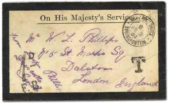 ......... $150 7605 Army Post Of fice / Standerton / A, bold 27 No - vem ber 1901 datestamp on G.B. 2d Reg is tra tion en tire to Worces ter, C.