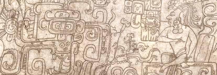 R Maya. Late Classic 600 to 950 C.E. Clay covered with stucco and incised. A ruler emulating the maize god contemplates his namesake s severed head, hanging in an abstract tree.