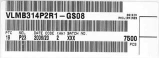 BAR CODE PRODUCT LABEL (example) A 16 VISHAY B C D E F G 2147 A. Type of component B. Manufacturing plant C. SEL - selection code (bin): e.g.: P2 = code for luminous intensity group 3 = code for color group D.