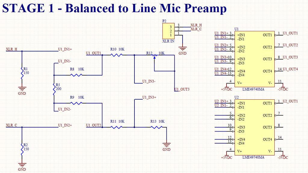 Figure 5 shows the design for the Balanced XLR input to line level input microphone preamplifier.