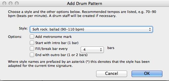 Finally, we will add a drum pattern. Sibelius has a great percussion Plug-In called Add a Drum Pattern. This automatically creates a drum pattern from a choice of 20-programmed patterns.