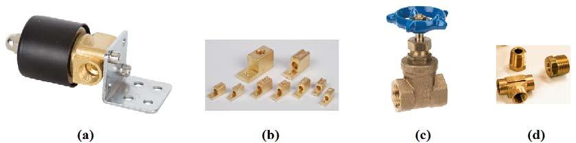 Examples of brass products: (a) an electrical air valve [179], (b) electrical brass terminals [180], (c) a brass gate valve [181], (d)