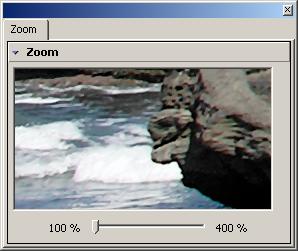 Zoom Activating the zoom tool changes the display to a single rectangle showing a zoomed-in section of the main image, where it is indicated by a green frame that you can move around by clicking on