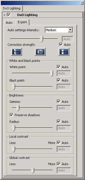 lighting tab has two secondary tabs, Auto and Expert. The Auto tab has a check box for Auto with a combo box offering a choice of Slight, Medium or Strong correction.
