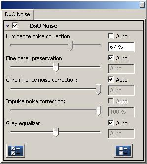 DxO Noise tab [Ctrl + F4] Remember that these corrections will not be visible in the main preview image, but only by using the Zoom function.