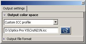 Output settings tab [Ctrl + F9] Output color space The combo box permits selection of: As shot Custom srgb Adobe RGB When you click on Custom, and as long as there s at least one ICC profile