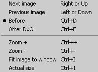 Just like the main DxO Optics Pro screen, the Viewer s Image menu offers commands for * Rotate 90 counterclockwise (left) / clockwise (right) [Ctrl + L or R], along with a new command, * Delete