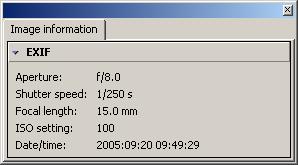 Image information tab [Ctrl+F5] Just two small panels under this tab: EXIF Summarizes the EXIF data for the current image.
