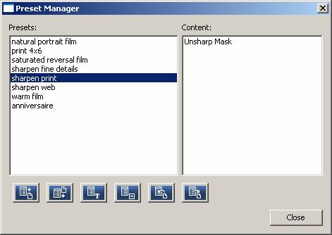 The Presets Management window consists of two panes, the left-hand one displaying the list of available presets, and the right-hand one listing the