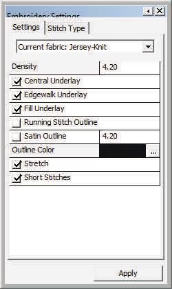 Design Browser (cont d) When you select OK, the box closes and the Embroidery Settings box now reflects the new settings. In this case, the Current fabric is Jersey-Knit.