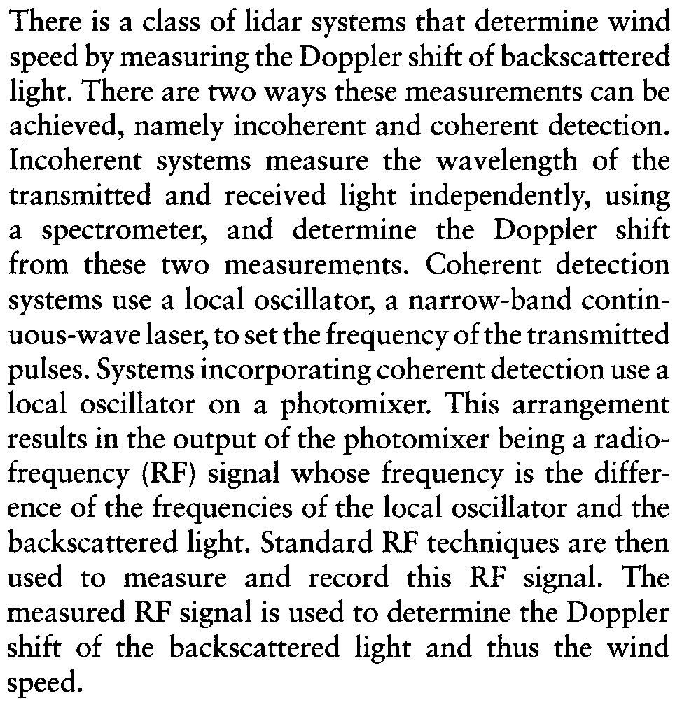 ~.,; 1172 LIDAR / Atmospheric Sounding Introduction Coherent Detection There is a class of lidar systems that determine wind speed by measuring the Doppler shift of backscattered light.