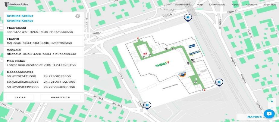 These images of floor plans were uploaded to the system and implemented onto the coordinates of the mall, on the map of IndoorAtlas.