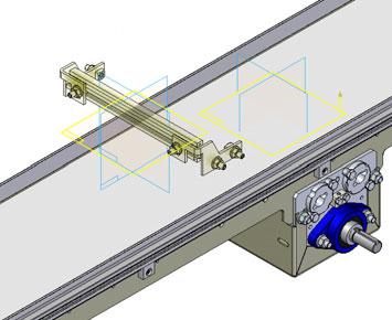 Assemble the 125-0232 adjustable stops to the conveyor by aligning the adjustable stop s Y-Z reference plane to the conveyor s Y-Z reference plane.