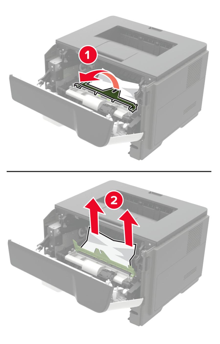 7 Insert the toner cartridge. 5 Remove the jammed paper. CAUTION HOT SURFACE: The inside of the printer might be hot.