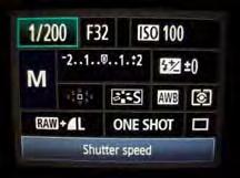 The settings I use on the camera (seen below) are: MANUAL mode, a SHUTTER SPEED of 1/200 th of a second, an APERTURE = f/32, and ISO = 100.