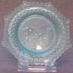 WETZEL CUP PLATE, UNICORN OCTAGON, PALE BLUE (WT073) WT073 NICE LITE BLUE WETZEL CUP PLATE WITH UNICORN, OCTAGON SHAPED. 3 1/4" DIAMETER, GOOD CONDITION, NO CHIPS OR MADE BY WETZEL GLASS CO.