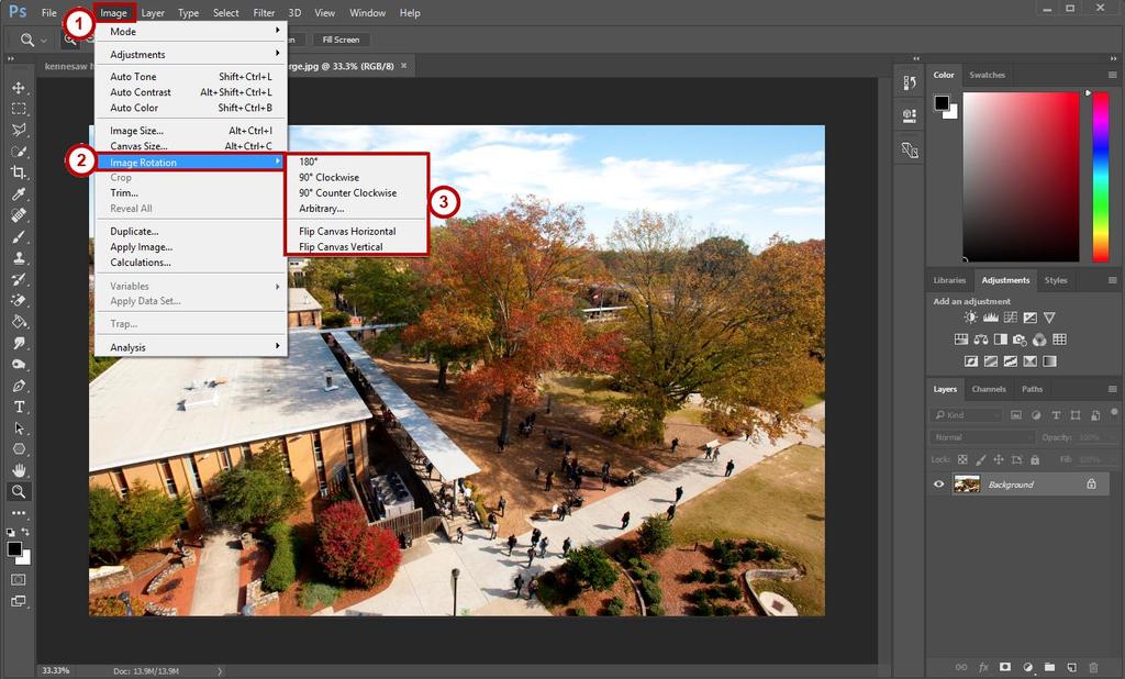 Rotating an Image Use image rotation to turn an image in the proper direction. 1. Click Image, located on the Menu bar (See Figure 5). 2. Click Image Rotation (See Figure 5). 3.