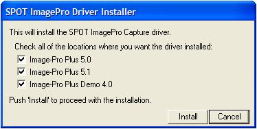 Ch. 1 - Installation Guidelines Installing the SPOT Image-Pro Driver the new driver. Once all locations for driver installation have been selected, the Install button is pressed.