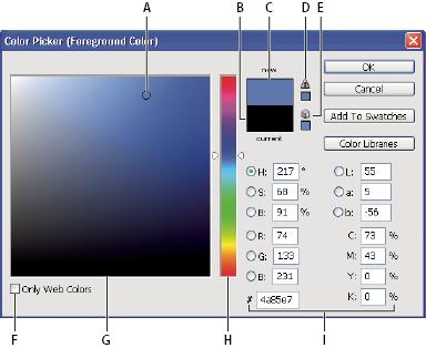 Adobe Color Picker A. Picked color B. Original color C. Adjusted color D. Out-of-gamut alert icon E. Not websafe alert icon F. Web Colors option G. Color field H. Color slider I.