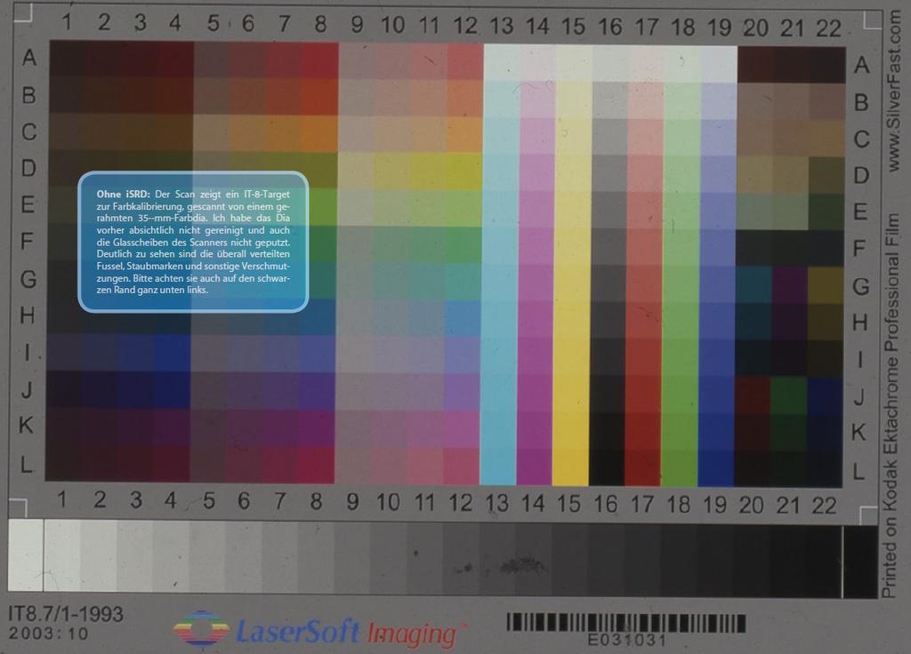 Without isrd : The scan shows an IT8 target for colour calibration, scanned from a mounted 35mm colour slide.