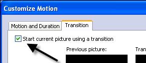 On the Narrate Your Pictures and Customize Motion window, select a photo in the timeline to edit the transition. 2.