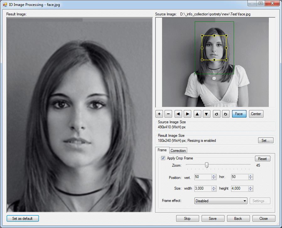 Figure 15. Image Processing window. The ID Image Processing window provides an ability to crop the face area, and enhance the resulting image if necessary.