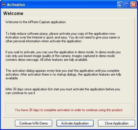 When Software is installed and run for the first time the following window will be displayed: Figure 1. Activation window.