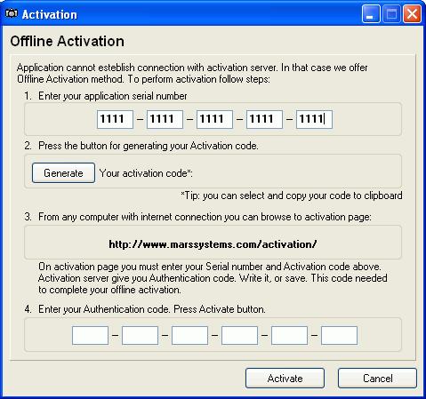 If the application fails to connect to server for software activation (it happens if your computer does not have Internet connection), the offline activation window will be displayed (see Figure 3).