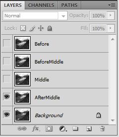 .. Name your layer something like "BeforeBG" Do this FOUR times ("BeforeMiddleBG", "MiddleBG", "AfterMiddleBG") Select ONE duplicate background layer (using the