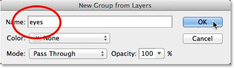 Naming the new layer group. If we look again in the Layers panel, we see that both layers are now inside a layer group.