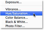 Selecting Hue/Saturation from the list. This opens the New Layer dialog box.