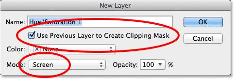Then change the Mode (the blend mode) of the adjustment layer from Normal to Screen: Selecting "Use Previous Layer to Create Clipping Mask" and changing the Mode to Screen.