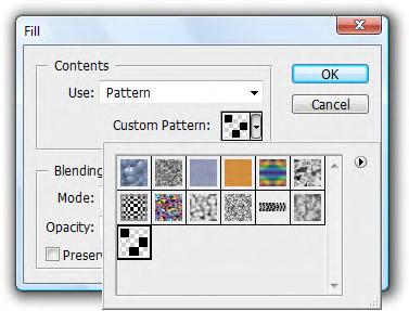 Patterns can be used with different tools and commands such as the Paint Bucket, Pattern Stamp, Healing Brush, Patch Tools, Blending Options, and the Fill command found under the Edit drop down menu.