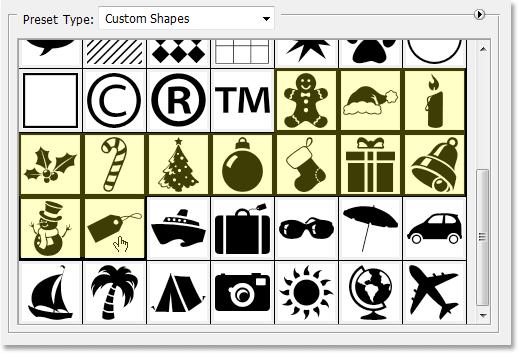 Photoshop Shapes: Click on the first shape you want to add to the shape set, then Shift-click on the last shape to select all