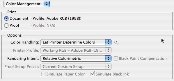Simple Printer Color Management 1) Tell Photoshop you want the printer (software) to manage the