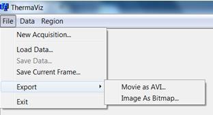 Export - Movie as AVI saves recorded or preloaded data as an AVI file Image as Bitmap saves a currently displayed single image as a bit map Exit Closes ThermaViz Software program Data Frame Rate