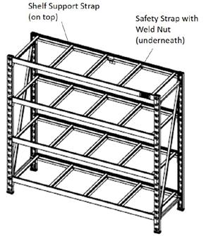 10 DXST10000 SHELF SUPPORT AND SAFETY STRAP INSTRUCTIONS Note: There are three (3) Safety Straps with Weld Nuts and five (5) Shelf Support Straps on every set of crossbeams.