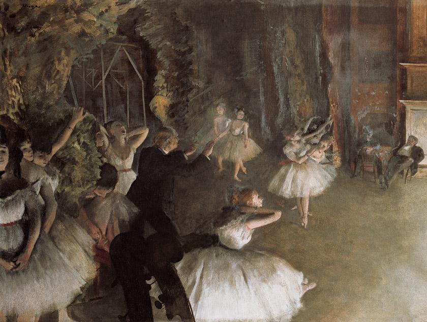 Artist: Edgar Degas Title: The Rehearsal on Stage Medium: Pastel over brush-and-ink drawing on thin, cream-colored wove paper, laid on bristol board, mounted on canvas Size: 21⅜ X 28¾" (54.