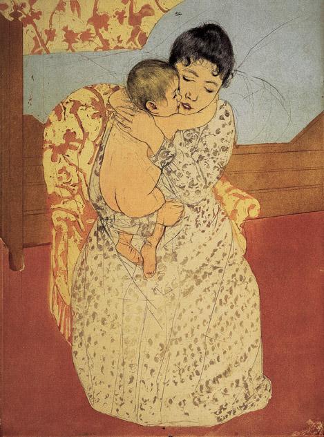 Artist: Mary Cassatt Title: Maternal Caress Medium: Drypoint, soft-ground etching, and aquatint on paper Size: 14 ¾ X 10¾" (37.5 X 27.