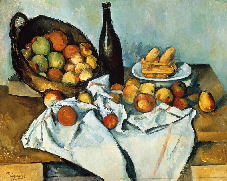 Artist: Paul Cézanne Title: Still Life with Basket of Apples Medium: Oil on canvas Size: 24 ⅜ X 31" (62.5 X 79.5 cm) Date: 1890 94 Source/ Museum: The Art Institute of Chicago.
