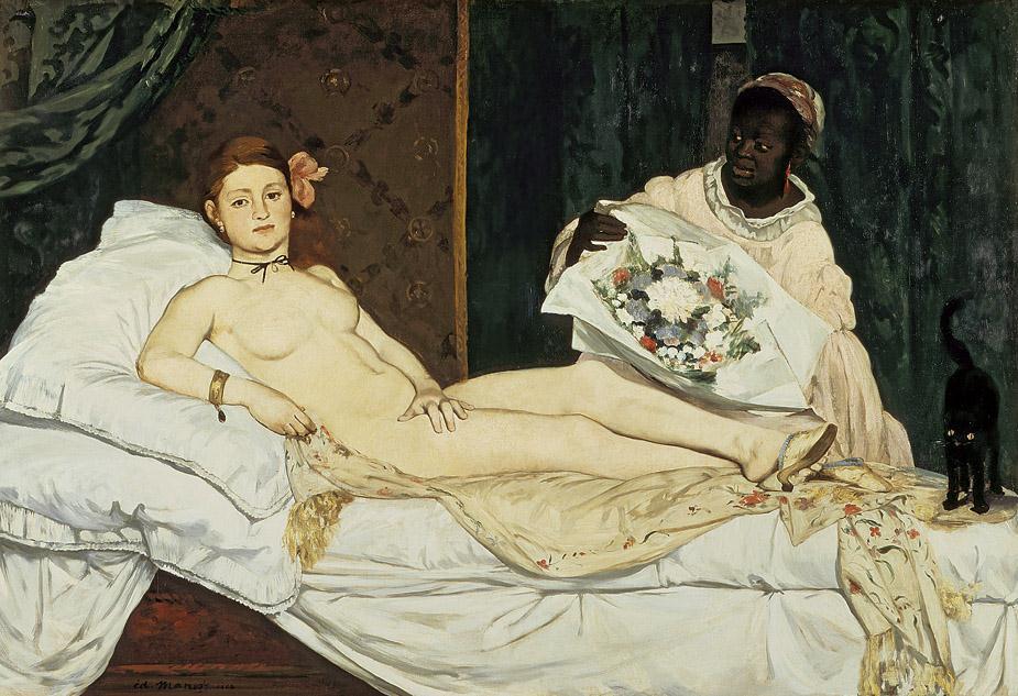 Artist: Édouard Manet Title: Olympia Medium: Oil on canvas Size: 4'3" X 6'2 ¼" (1.31 X1.